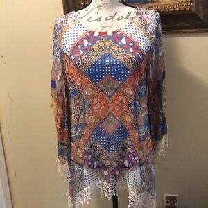 🎈Shiloh Bohemian semi-sheer crochet fringe medallions scrolls print blouse
